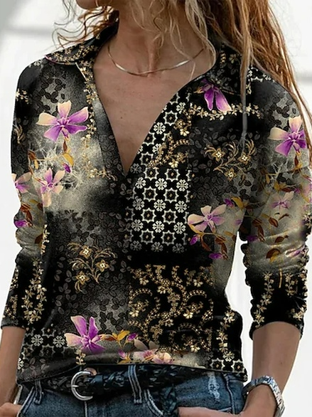 

Floral V Neck Loose Casual Top, Multicolor, Tops