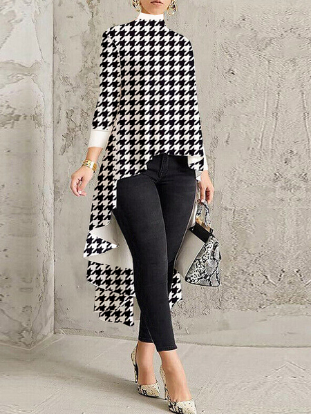 

Loose Urban Stand Collar Three Quarter Mid-long Daily Top, Black, Blouses and Shirts