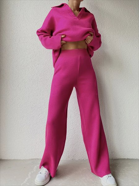 

Long sleeve Plain Casual Two Piece Set, Deep pink, Two-piece Set