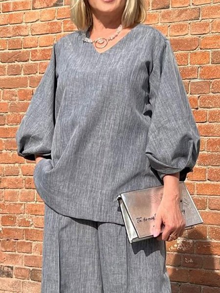 

Urban Daily Simple V Neck Plain Lantern Sleeve Top, Gray, Tops