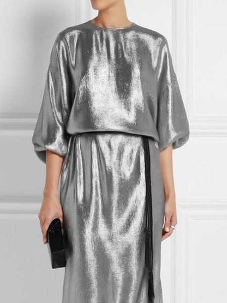 

Lantern Sleeve Loose Elegant Crew Neck Blouse, Silver, Blouses and Shirts