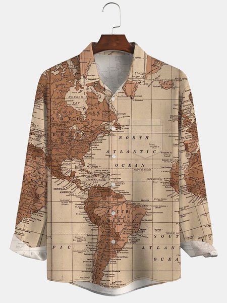 

Mens Map Print Front Buttons Soft Breathable Chest Pocket Casual Hawaiian Shirt, Khaki, Long Sleeve Shirts