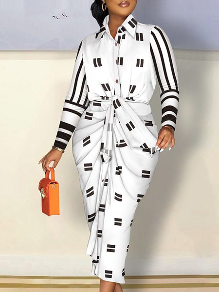 

Midi Long sleeve Regular Fit Striped Shirt Collar Dress, White, Midi Dresses