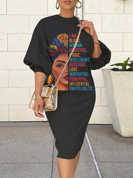 

Urban Crew Neck Figure Printed Long sleeve Dress, Black, Midi Dresses