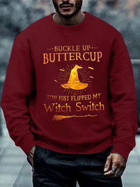 

Men's Buckle Up Buttercup You Just Flipped My Witch Switch Halloween Loose Crew Neck Casual Sweatshirt, Red, Hoodies&Sweatshirts