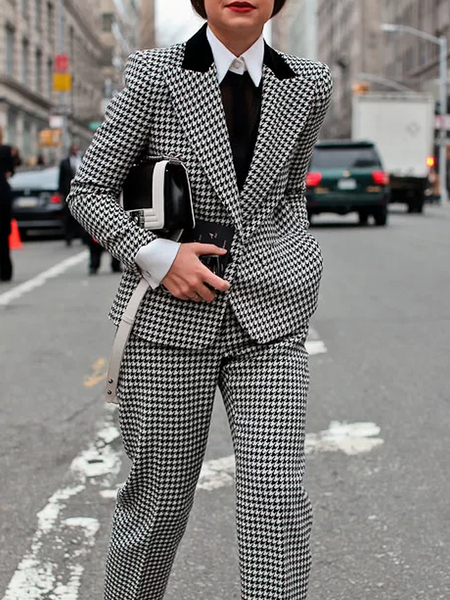 

Houndstooth Lapel Collar Long sleeve Loose Blazer, Black, Blazers