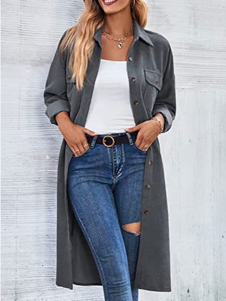 

Casual Loose Solid Corduroy Single Breasted Coat, Gray, Outerwear