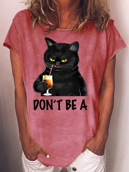 

Womens Funny Letter Black Cat Casual Crew Neck T-Shirt, Red, T-shirts