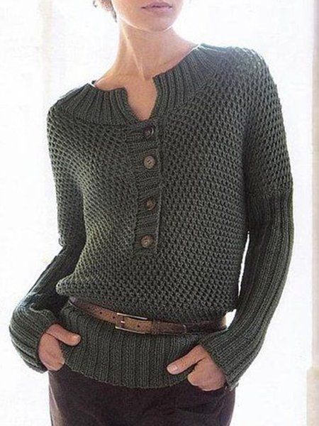 

V Neck Casual Plain Buttoned Sweater, Army green, Sweaters