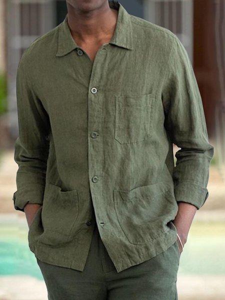 

Cotton and Linen Multi-pocket Shirt Jacket, Green, Long Sleeve Shirts