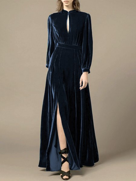 

Plain Stand Collar Elegant Long Dress, Blue, Maxi Dresses