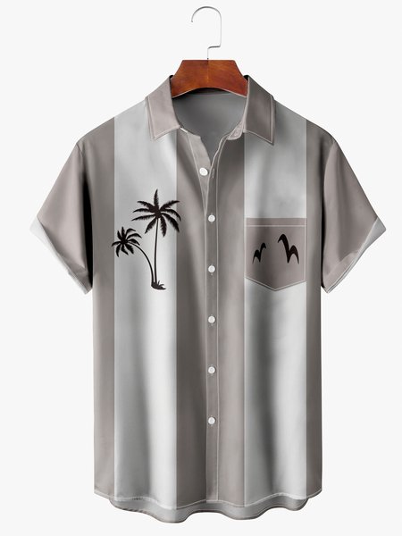 

Men's Coconut Print Casual Short Sleeve Hawaiian Shirt with Chest Pocket, Khaki, Short Sleeve Shirts
