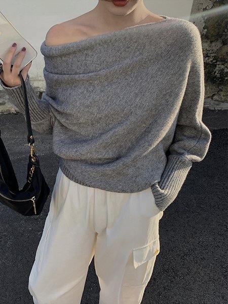

Simple Plain Long Sleeve Loose Sweater, Gray, Sweaters