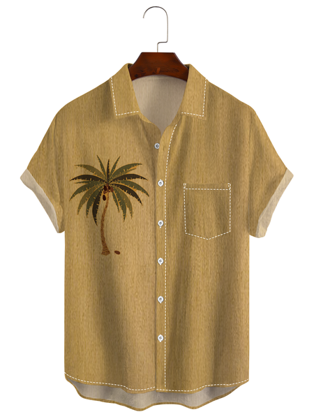 

Cotton and linen style coconut tree print linen shirt, As picture, Short Sleeve Shirts