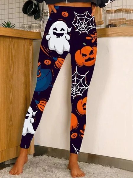 

Halloween Pumpkin Ghost Fun Print Leggings, Multicolor, Leggings