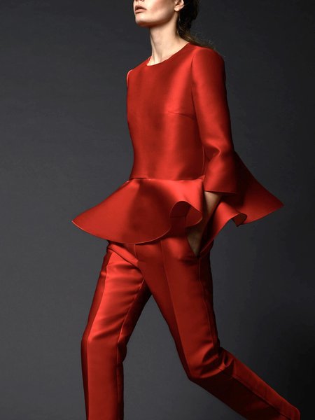 

Regular Fit Elegant Crew Neck Blouse, Red, Tops