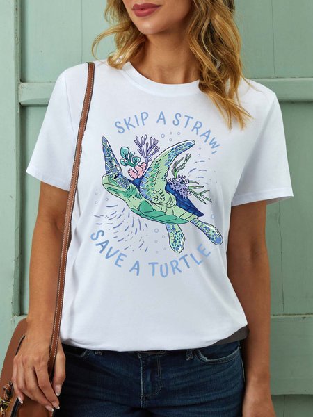 

Women Skip A Straw Save A Turtle Text Letters T-Shirt, White, T-shirts