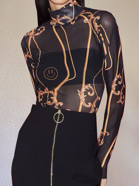 

High Elasticity Stand Collar Simple Abstract Long sleeve T-Shirt, Black, Tees