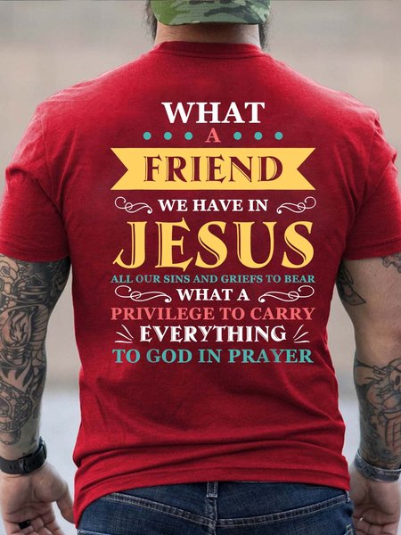 

Men What A Friend We Have In Jesus Letters Cotton Basics T-Shirt, Red, T-shirts