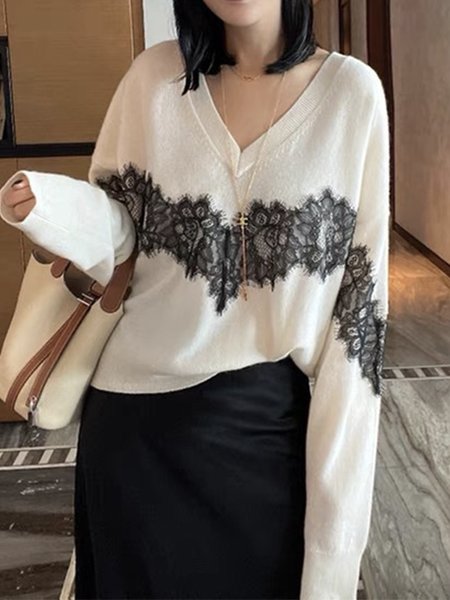 

Elegant Long Sleeve V Neck Sweater, White, Sweaters