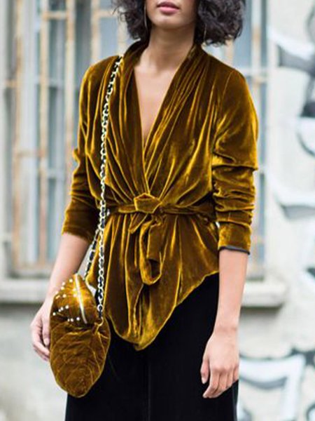 

V Neck Velvet Simple Long Sleeve Blazer, Yellow, Blazers