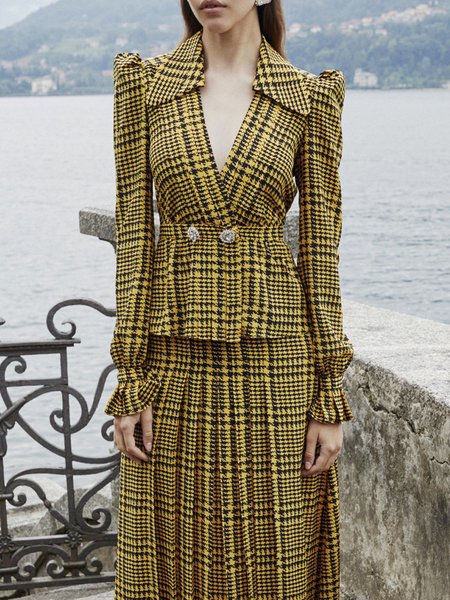 

Vintage Houndstooth High Waist Coat, Yellow, Outerwear