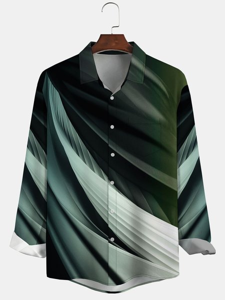 

Men's Art Print Casual Long Sleeve Hawaiian Shirt with Chest Pocket, Green, Long Sleeve Shirts