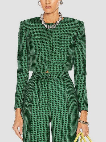 

Urban Houndstooth Loose Crew Neck Long Sleeve Coat, Green, Jackets