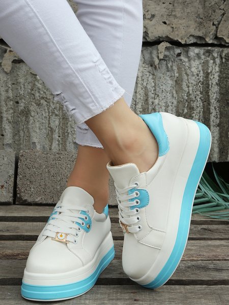 

Casual Color Block All Season Wearable Daily Round Toe PU Lace-Up Wedges&Flatform for Women, Sky blue, Sneakers