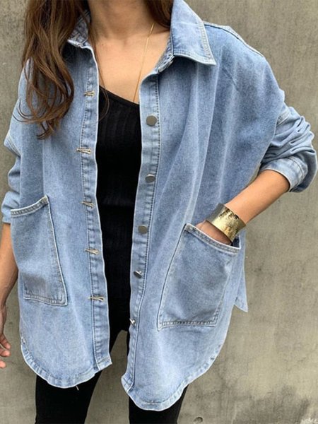 Denim Jacket Lapel Single Breasted Cardigan, Blue, Jackets