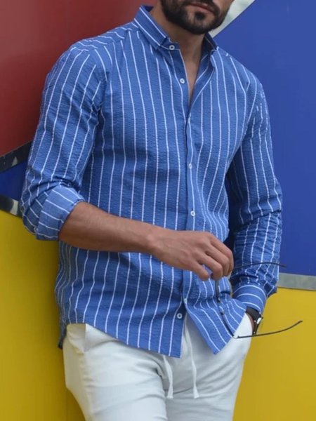 

Men's Bubble Crinkle Fabric Long Sleeve Shirt, Blue, Long Sleeve Shirts