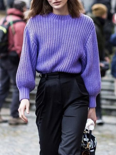 

Plain Loose Crew Neck Sweater, Purple, Sweaters