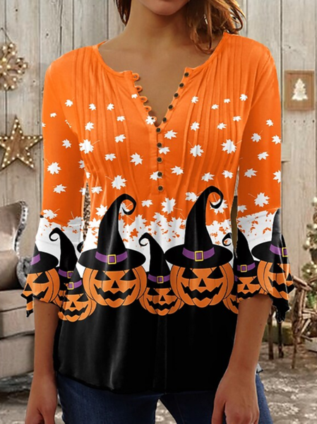 V Neck Regular Fit Pumpkin Halloween Tops, Orange, Shirts & Blouses