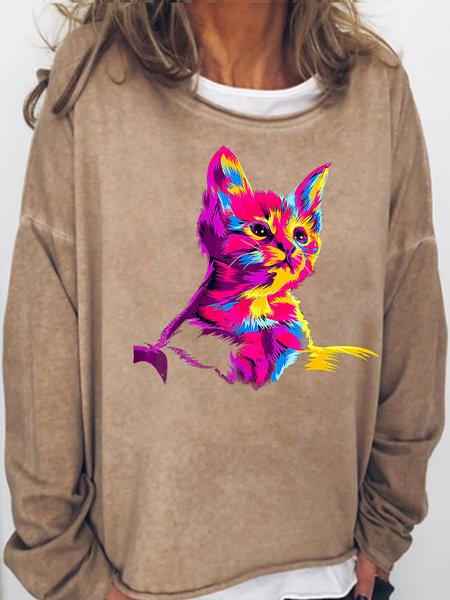 

Womens Cat Art Print Crew Neck Sweatshirt, Light brown, Hoodies&Sweatshirts