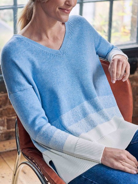

V Neck Casual Color Block Sweater, Blue, Sweaters & Cardigans