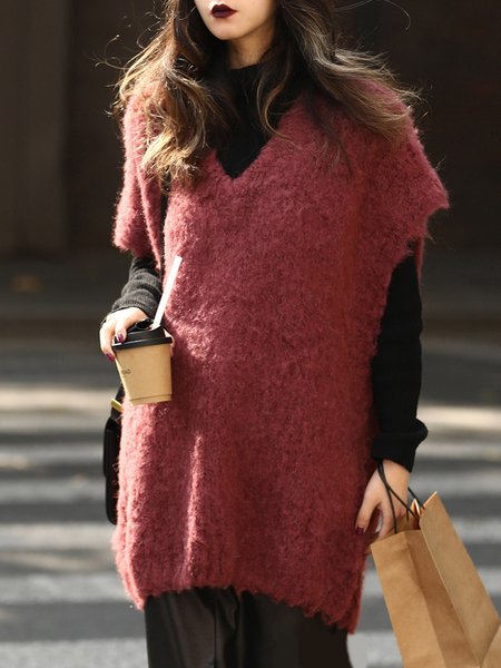 

Casual Simple Plain V Neck Vest Sweater, Wine red, Sweaters