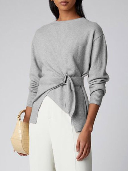 

Urban Crew Neck Lace-up Plain Long Sleeve Sweater, Gray, Sweaters