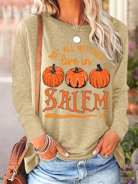 

Women Funny Not All Witches Live In Salem Cotton-Blend Regular Fit Halloween Tops, Khaki, Long sleeves