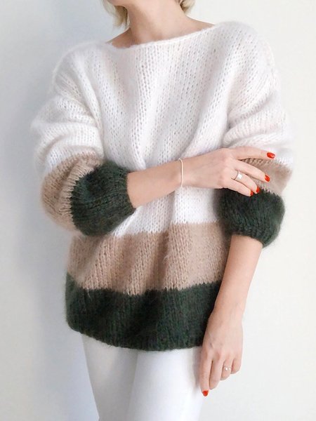 

Crew Neck Casual Color Block Loose Long sleeve Sweater, White, Sweaters