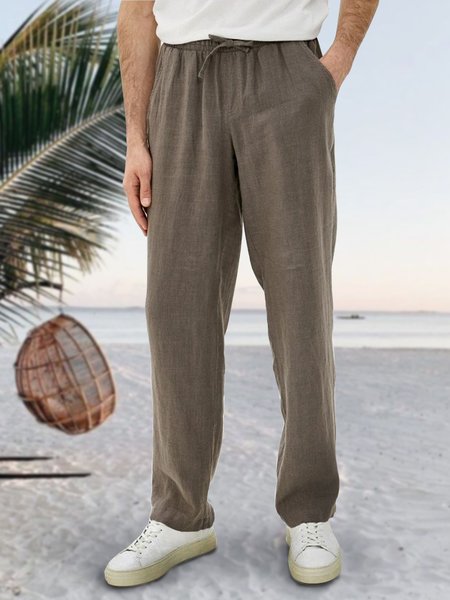 

Men's Cotton Linen Elastic Waist Casual Trousers, Gray-brown, Men's pants