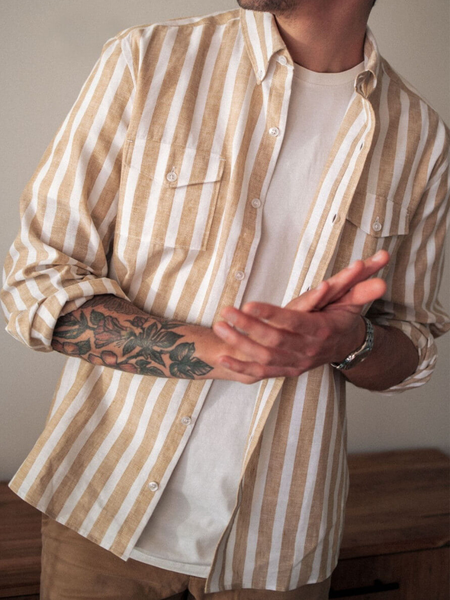 

Cotton linen style American casual Lapel stripe cotton linen Long Sleeve Shirt, As picture, Long Sleeve Shirts