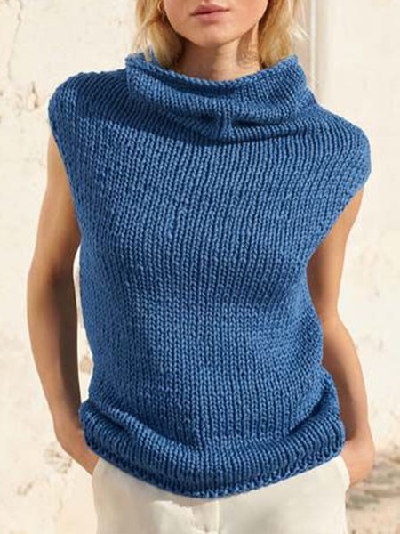 

Casual Plain Cap sleeve Half Turtleneck Sweater, Blue, Sweaters