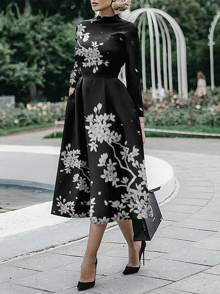 

Mid Waist Elegant Floral Regular Fit Dress, Black, Midi Dresses