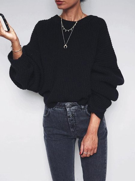 

Long sleeve Loose Plain Casual Sweater, Black, Sweaters