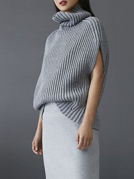 

Turtleneck Cap sleeve Urban Loose Sweater, Gray, Pullovers