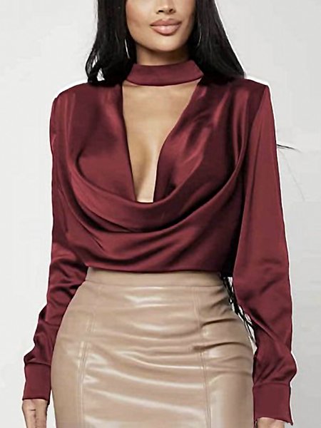 

Long sleeve V Neck Plain Regular Fit Blouse, Red, Blouses and Shirts