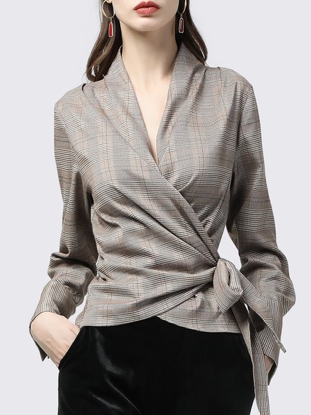 

Urban Plaid V Neck Regular Fit Long Sleeve Blouse, As picture, Blouses and Shirts