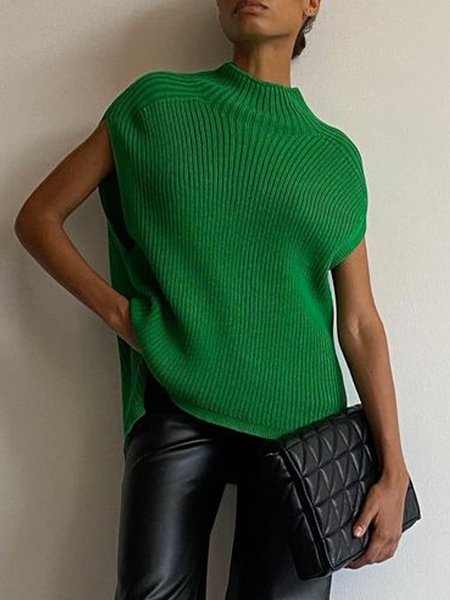 

Loose Crew Neck Plain Cap Sleeve Sweater, Green, Sweaters