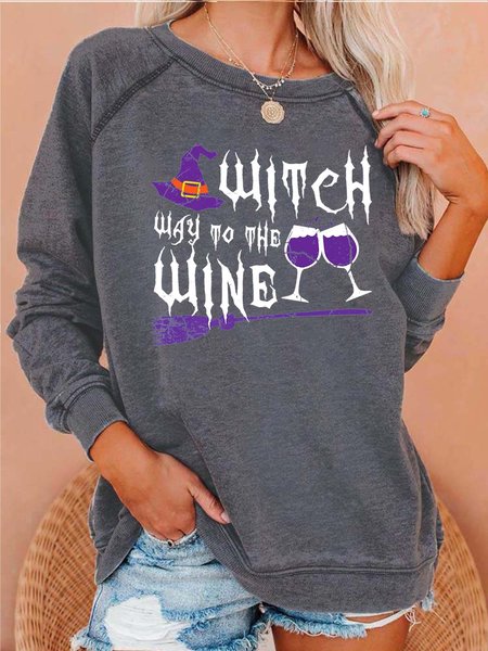 

Women Witch Way To The Wine Letters Casual Sweatshirts, Gray, Hoodies&Sweatshirts