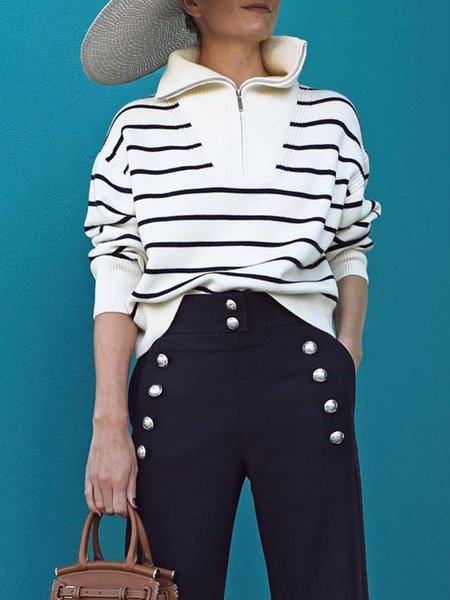 

Striped Zipper Loose Urban Long Sleeve Sweater, White, Sweaters